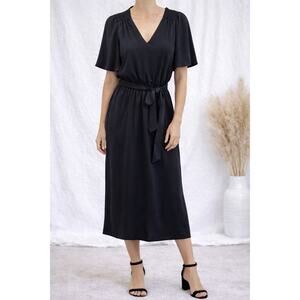 BANANA REPUBLIC Tall Black Satin Flutter Sleeve V Neck Midi Dress | Small